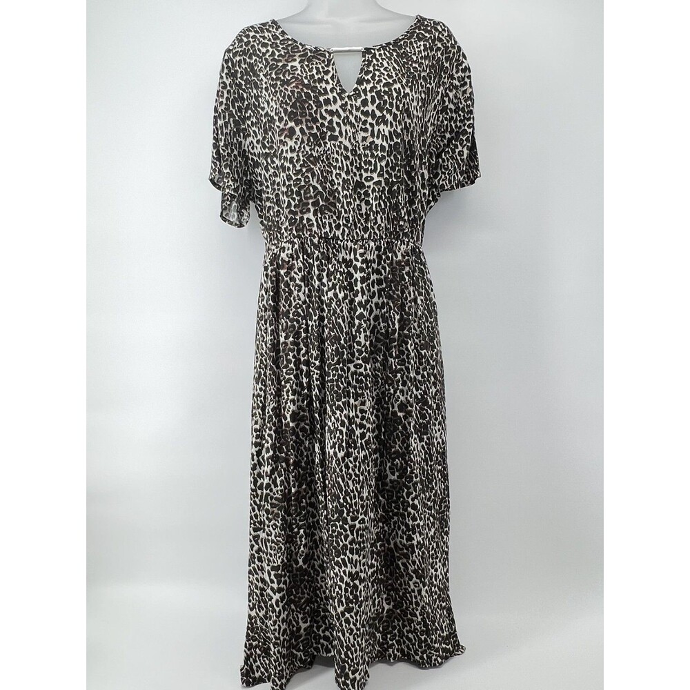 BloomChic Leopard Print Midi Dress Belted Tan Black Size 14 16 Boho Pockets